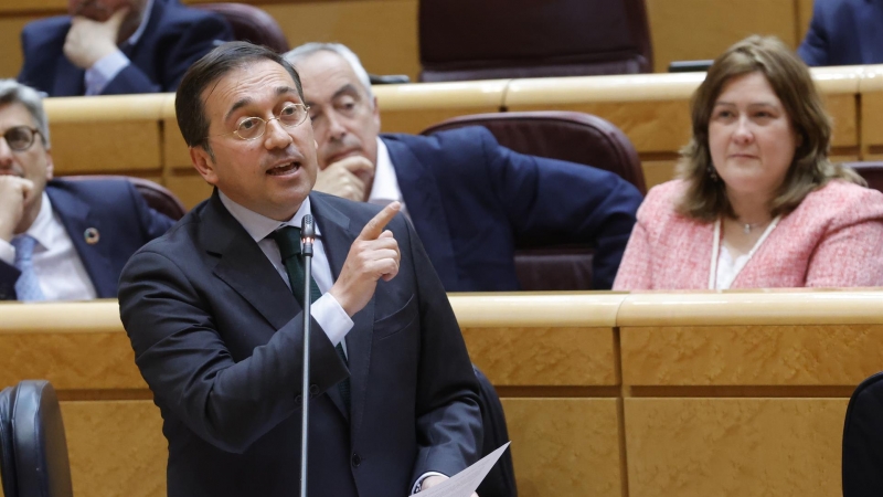 El ministro de Asuntos Exteriores, José Manuel Albares, durante su intervención en la sesión de control del Senado, este martes en Madrid.