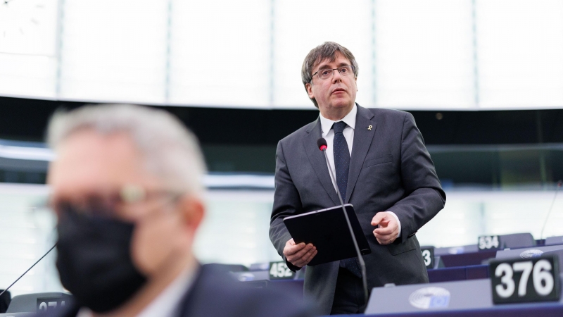 L'expresident de la Generalitat i eurodiputat de Junts, Carles Puigdemont, durant una intervenció al Parlament Europeu.