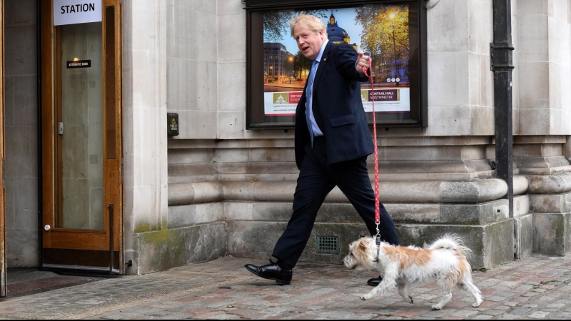 El primer ministro británico, Boris Johnson, llega a un colegio electoral con su perro Dilyn para votar durante las elecciones locales en Westminster, Londres.