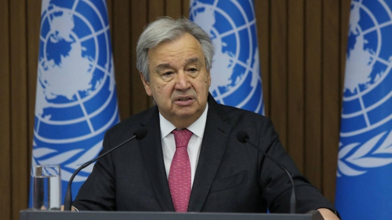 El secretario general de la ONU, Antonio Guterres, durante la conferencia de prensa que ofreció este lunes 9 de mayo de 2022 en su visita a Moldavia.