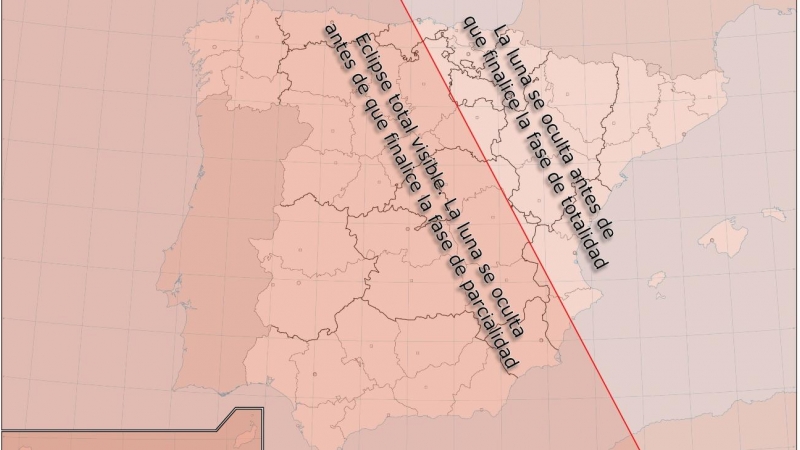 En la mitad este de la Península la luna se ocultará antes de que acabe la fase de totalidad del eclipse, y en la zona occidental antes de que termine la fase de parcialidad. En Canarias serán visibles ambas.