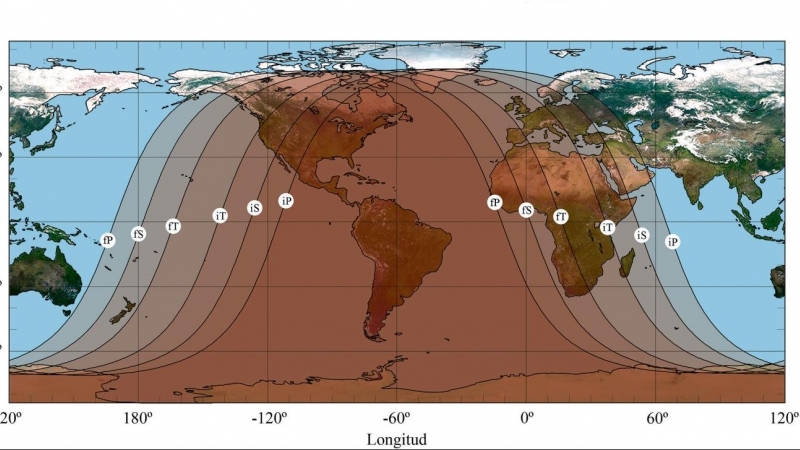 Visibilidad del eclipse lunar en el mundo. La zona en que será visible la totalidad viene delimitada por la parte interna de las curvas etiquetadas con iT y fT.