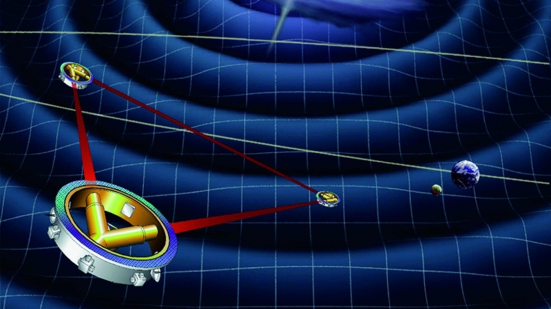 Esquema de LISA detectando ondas gravitacionales procedentes de una galaxia lejana.