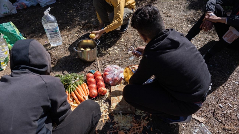 Varios chavales marroquíes preparan la comida en uno de los bosques de Ceuta, donde viven tras la crisis fronteriza de 2021.