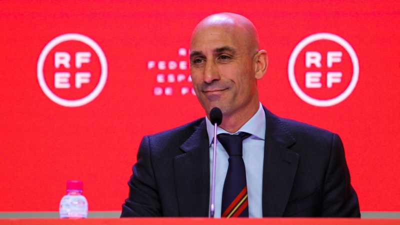 19/05/22. El presidente de la Real Federación Española de Fútbol, Luis Rubiales, durante una rueda de prensa en Madrid, a 20 de abril de 2022.