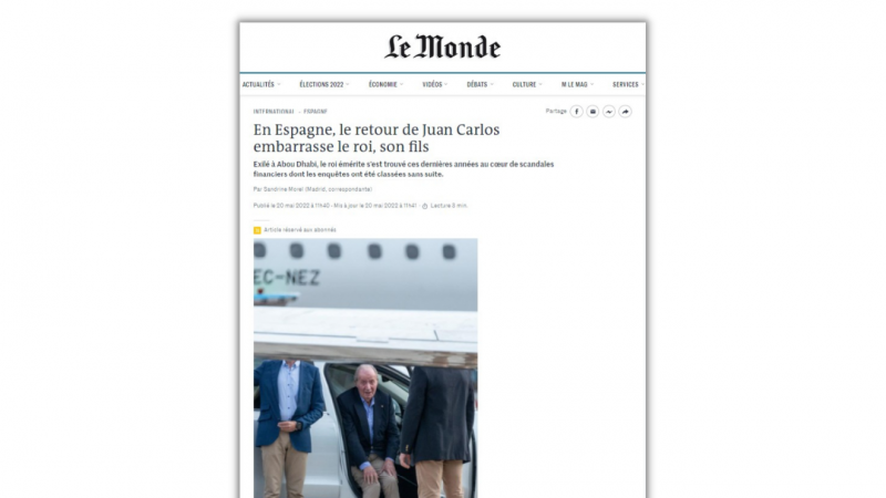 Imagen del diario francés Le Monde, en su pieza sobre el regreso del rey Juan Carlos I