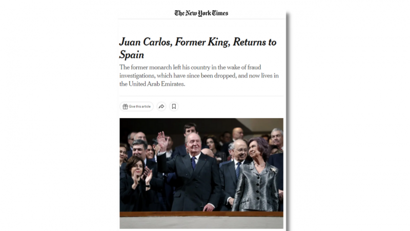 Imagen del The New York Times, en su artículo sobre el regreso de Juan Carlos I a España.