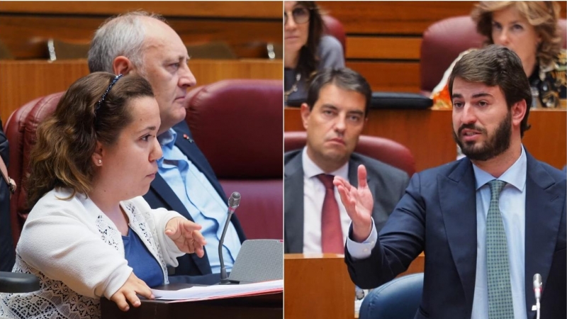 24/05/2022. La procuradora socialista Noelia Frutos y el vicepresidente de la Junta, Juan García-Gallardo, durante la sesión del Pleno.