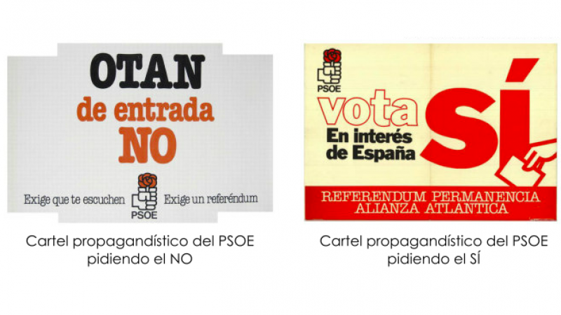 Carteles del PSOE en contra y a favor de la OTAN.