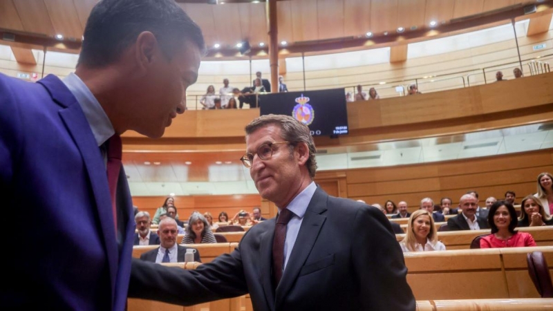 El presidente del Gobierno, Pedro Sánchez, y el líder del PP, Alberto Núñez Feijóo, se saludan en una sesión plenaria en el Senado, a 7 de junio de 2022, en Madrid.