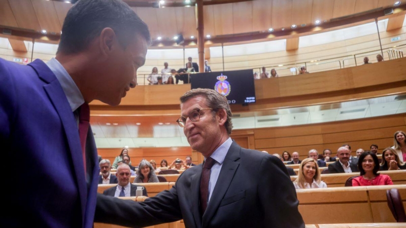 El presidente del Gobierno, Pedro Sánchez, y el líder del PP, Alberto Núñez Feijóo, se saludan en una sesión plenaria en el Senado, a 7 de junio de 2022, en Madrid.