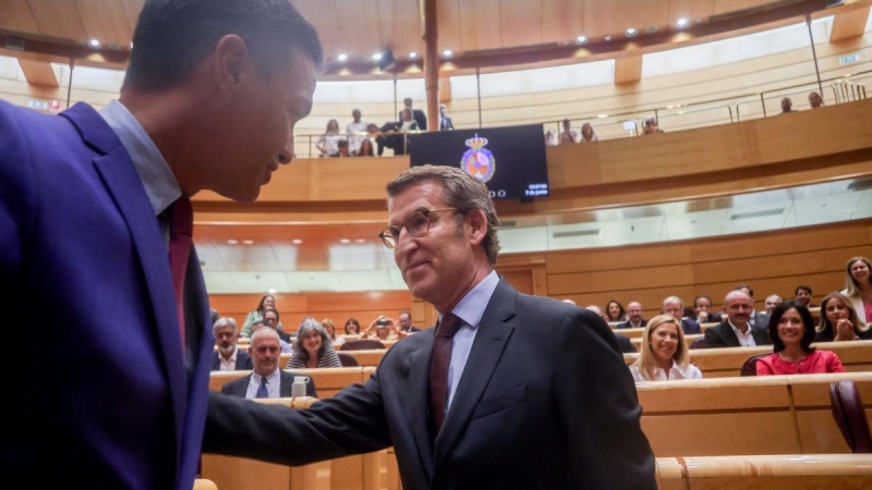 El presidente del Gobierno, Pedro Sánchez, y el líder del PP, Alberto Núñez Feijóo, se saludan en una sesión plenaria en el Senado, a 7 de junio de 2022, en Madrid.