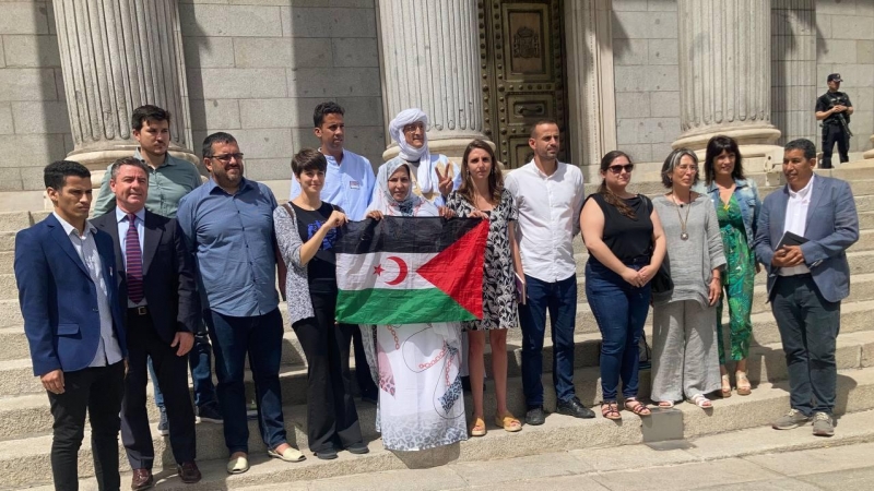Diferentes diputados del intergrupo sobre el Sáhara, a las puertas del Congreso este miércoles tras un encuentro con la activista saharaui Sultana Jaya.