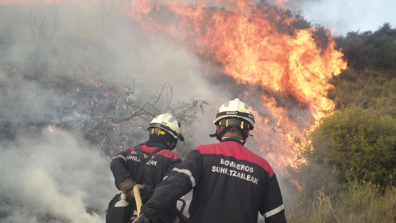 Varios bomberos intentan apagar el incendio de Tafalla, a 15 de junio de 2022, en Tafalla, Navarra (España)