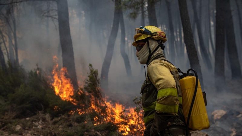 Un bombero trabaja en la extinción del incendio en la Sierra Culebra, en Zamora, Castilla y León.