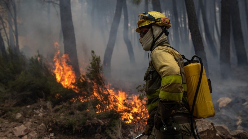 Un bombero trabaja en la extinción del incendio en la Sierra Culebra, en Zamora, Castilla y León.