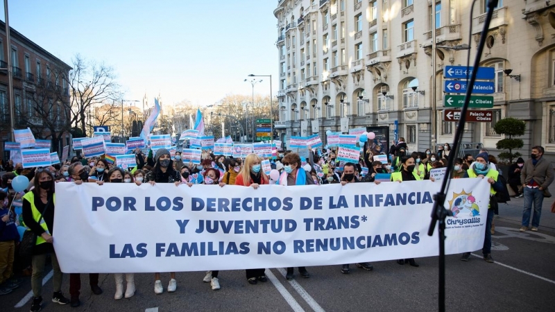 Concentración por los Derechos Humanos de la Infancia y Juventud Trans, frente al Congreso de los Diputados, a 29 de enero 2022, en Madrid.