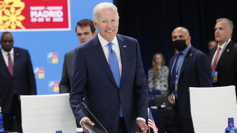 El presidente de Estados Unidos, Joe Biden, durante la primera jornada de la cumbre de la OTAN que se celebra este miércoles en el recinto de Ifema, en Madrid.