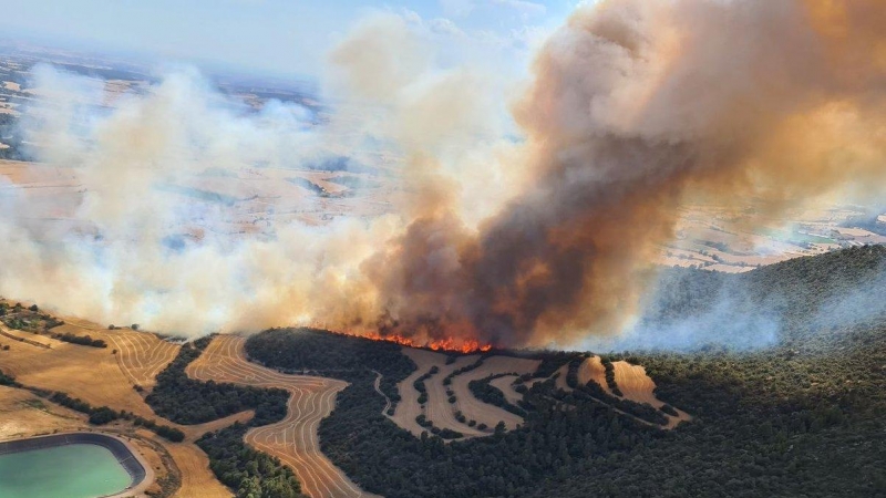 Imatge aèria d'un foc de vegetació agrícola a Artesa de Segre.