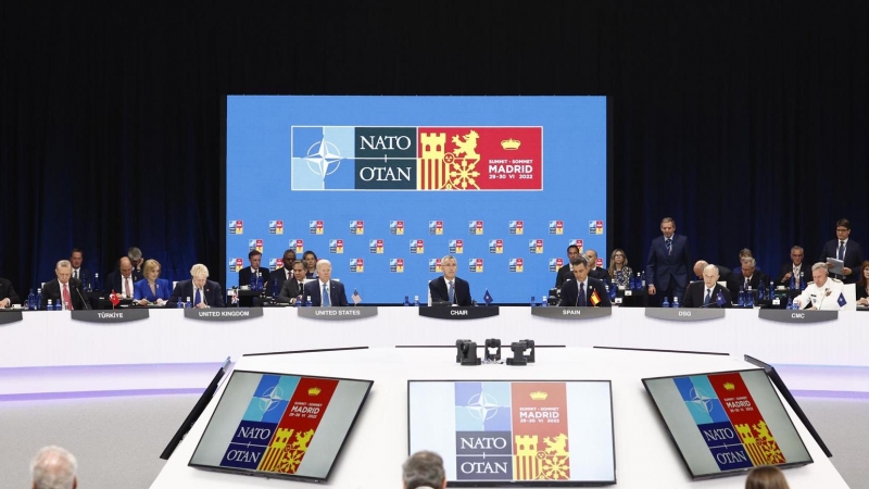 Imagen tomada durante la primera jornada de la cumbre de la OTAN que ha comenzado este miércoles en el recinto de Ifema, en Madrid.