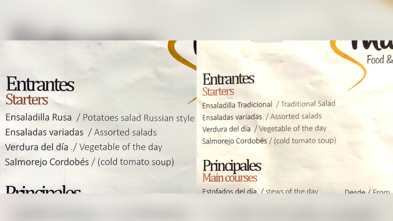 Imagen combinada del cambio en el menú de la cantina de la cumbre de la OTAN del plato de la ensaladilla rusa.