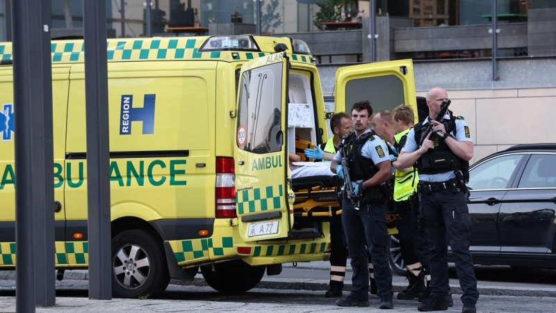Una ambulancia y policías armados se paran fuera del centro comercial de Field, después de que la policía danesa dijo que recibió informes de disparos, en Copenhague.