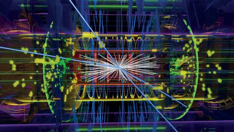 04/07/2022 - Un candidato a bosón de Higgs registrado en el detector ATLAS. Cuatro rastros de muones (en azul) emergen del punto de interacción.