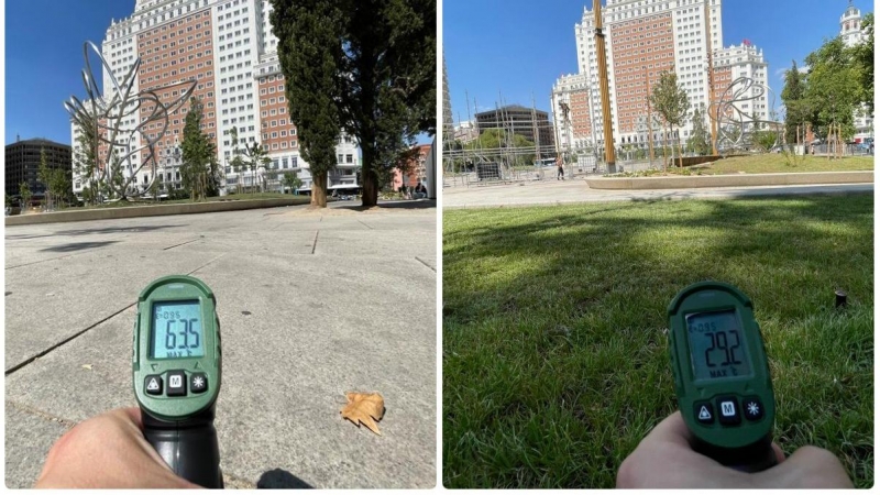 A la izquierda, la temperatura de superficie del adoquín al sol de Plaza de España. A la derecha, la temperatura en superficie del espacio arbolado de Plaza de España, en Madrid.