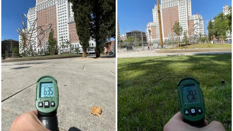 A la izquierda, la temperatura de superficie del adoquín al sol de Plaza de España. A la derecha, la temperatura en superficie del espacio arbolado de Plaza de España, en Madrid.