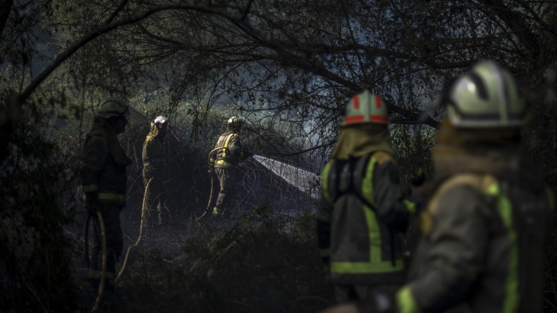 bomberos forestales realizan labores de extinción en un incendio forestal declarado a las afueras de la ciudad de Ourense.