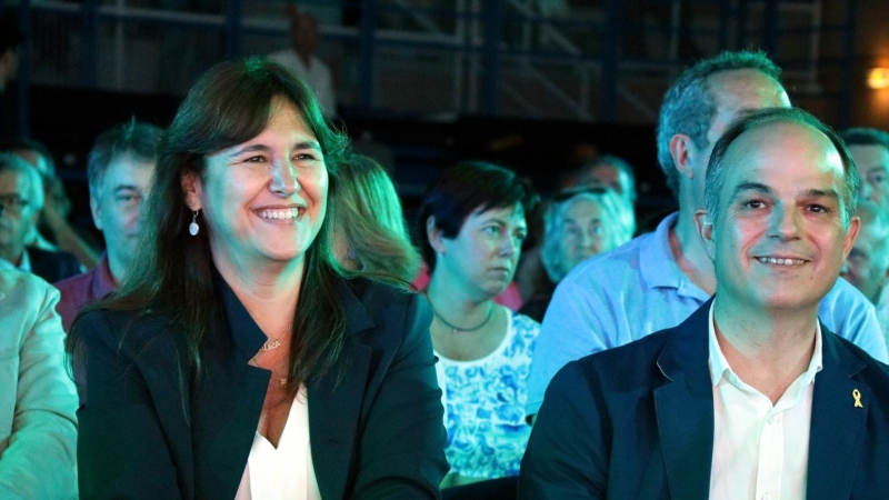 La presidenta del Parlament Laura Borràs i l'exconseller Jordi Turull durant el congrés de Junts a Argelers.
