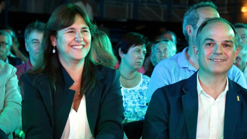 La presidenta del Parlament Laura Borràs i l'exconseller Jordi Turull durant el congrés de Junts a Argelers.