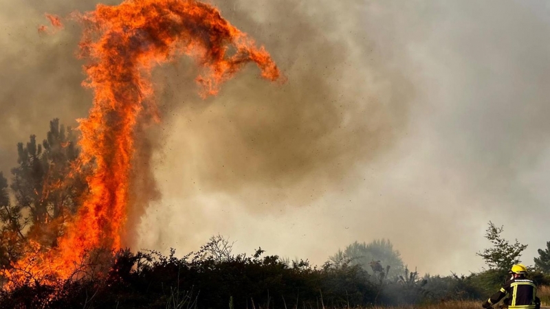 Efectivos del servicio de extinción de incendios trabaja en el fuego declarado en A Cañiza (Pontevedra), a 31 de julio de 2022.