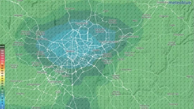 Líneas del viento en Madrid a 10 m sobre el suelo a 4 de agosto de 2022. La configuración topográfica determina zonas más expuestas y zonas menos expuestas.