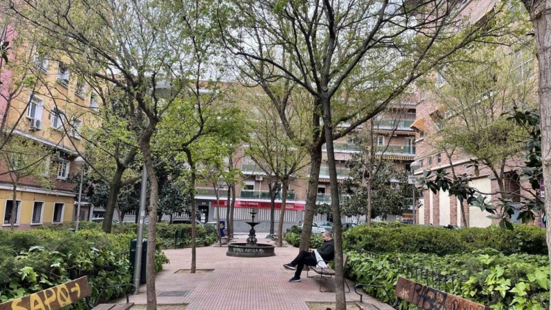 Ejemplo de oasis térmico urbano con pavimentos de color claro, arbolado caduco, espacio de sombra y una fuente. Madrid, 2021.