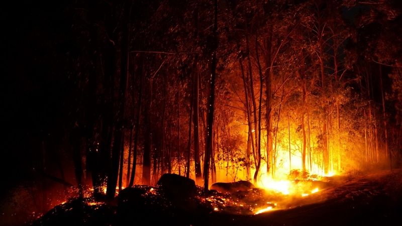 Vista general del incendio, en la parroquia de Saiar, en Caldas de Reis, Pontevedra, Galicia (España).