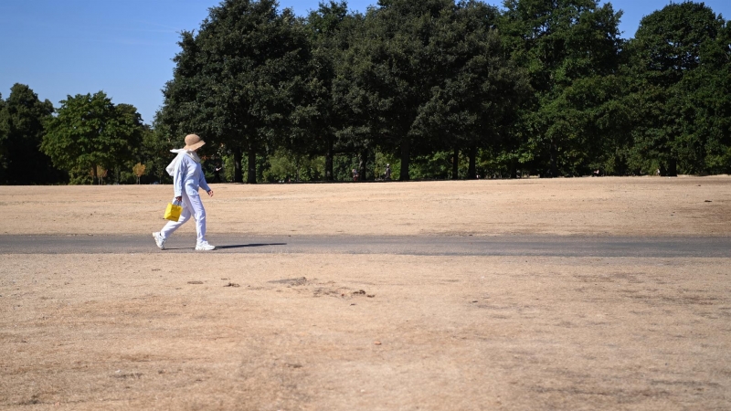 Una mujer camina por un Hyde Park reseco en Londres, Gran Bretaña, el 10 de agosto de 2022. Es probable que Gran Bretaña sufra condiciones de sequía hasta octubre a medida que continúa el clima seco. La Oficina Meteorológica del Reino Unido ha anunciado u