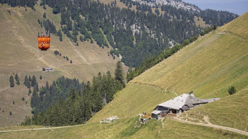 11/08/2022 Un balde transportado por el helicóptero Super Puma de la Fuerza Aérea Suiza con agua para las vacas, se muestra en el pasto de la montaña Tissiniva debido a una sequía en curso, en Charmey.