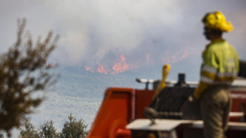 19/8/22 Un miembro de las Brigadas de Refuerzo de Incendios Forestales (BRIF) observa las llamas del incendio de Bejís.
