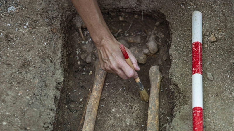 Personal de Aranzadi extrae los huesos de un cuerpo que se cree que fue fusilado en Colmenar viejo en 1939 y enterrado junto a más de 80 en el cementerio parroquial.