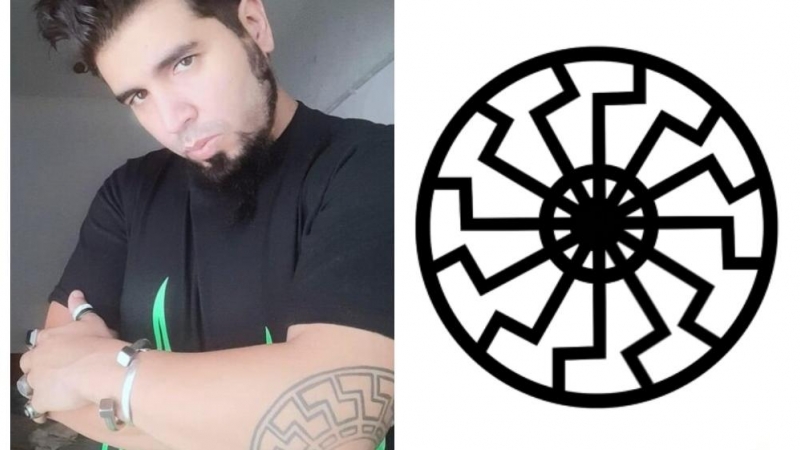 02/09/2022. A la izquierda, Sapag luce el tatuaje del Sol Negro en su codo. A la derecha, una representación de dicho símbolo.