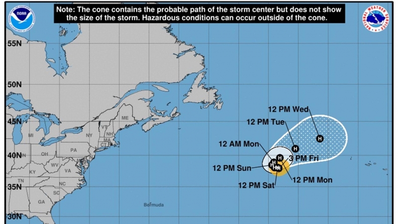 02/09/2022-Imagen cedida este viernes por la Oficina Nacional de Administración Oceánica y Atmosférica de Estados Unidos (NOAA), a través del Centro Nacional de Huracanes (NHC), donde se muestra el pronóstico de cinco días del paso del huracán Danielle po