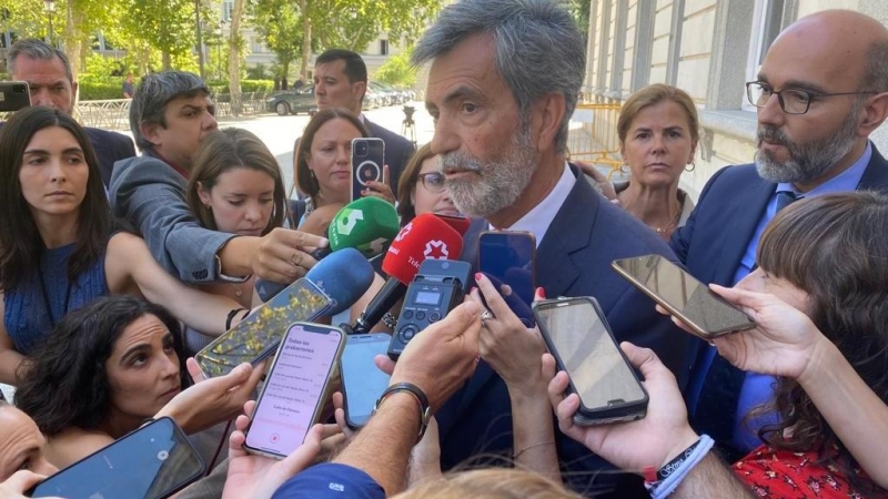 Carlos Lesmes, ante los medios, tras el acto de toma de posesión del nuevo fiscal general del Estado, Álvaro García este lunes en el Tribunal Supremo