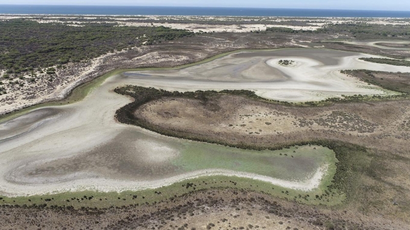 La laguna de Santa Olalla, la laguna permanente más grande de Doñana y la última que ha mantenido agua en agosto, a 3 de septiembre de 2022.