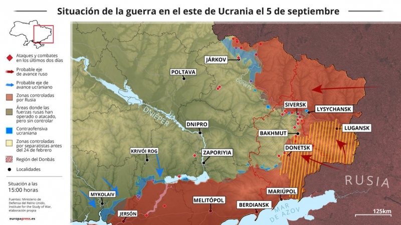 5/9/22 Mapa con la situación de la guerra en el este de Ucrania el 5 de septiembre (Estado a las 15:00 horas).