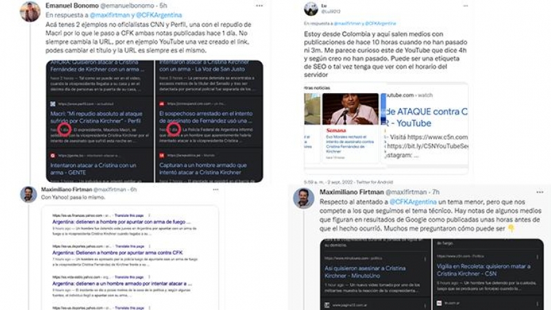 Tuits de usuarios denunciando que medios han publicado la noticia del atentado de Cristina Fernández de Kirchner antes de que ocurriera