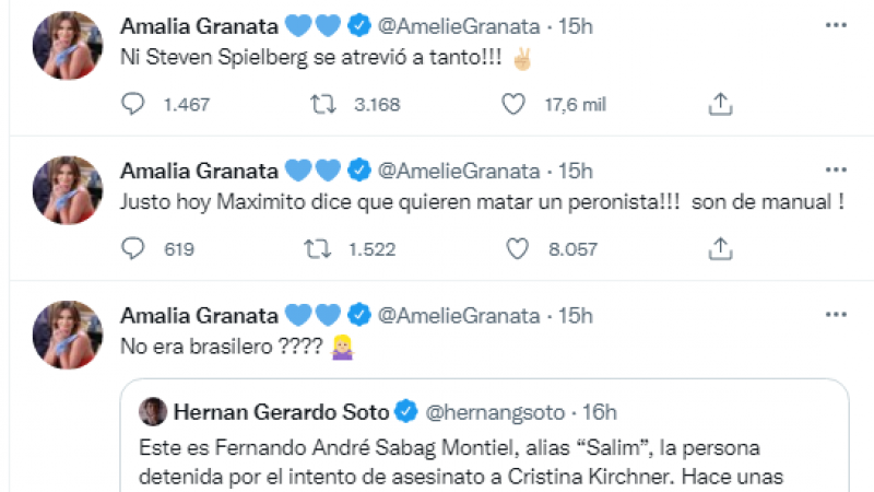 Tuit de la diputada argentina Amalia Granata, que no sólo lo retuiteó, sino que llegó a publicar que todo fue un montaje y que 'ni Spielberg se atrevió a tanto'