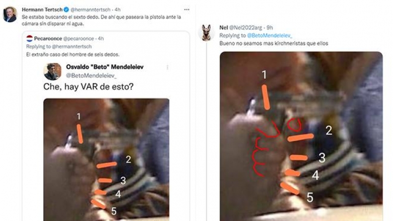 Captura de los tuits con el bulo que con un fotograma borroso con una mano dibujada pretende poner en duda que el tirador tuviera el dedo en el gatillo