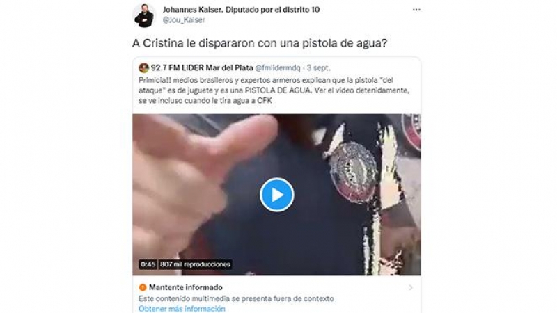 Tuit de Johanes Kaiser, youtuber y hermano de Axel Kaiser, director de la fundación Para el Progreso de Atlas Network, y que fue uno de los difusores del bulo de la pistola de agua del atentado contra Fernández de Kirchner