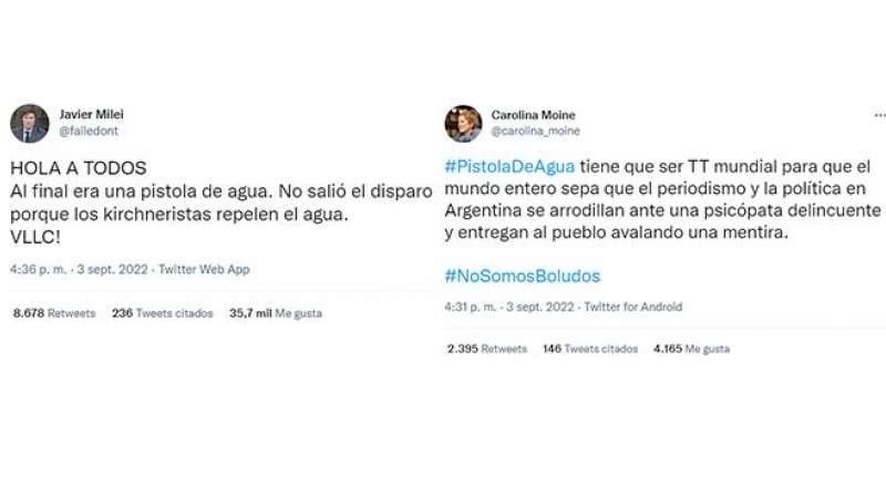 Tuit de Milei hablando de la pistola de agua sobre el atentado contra Fernández de Kirchner y el tuit de una cuenta parodia simpatizante de Milei que tuvo el segundo tuit con mayor número de retuits con el hashtag sobre la pistola de agua